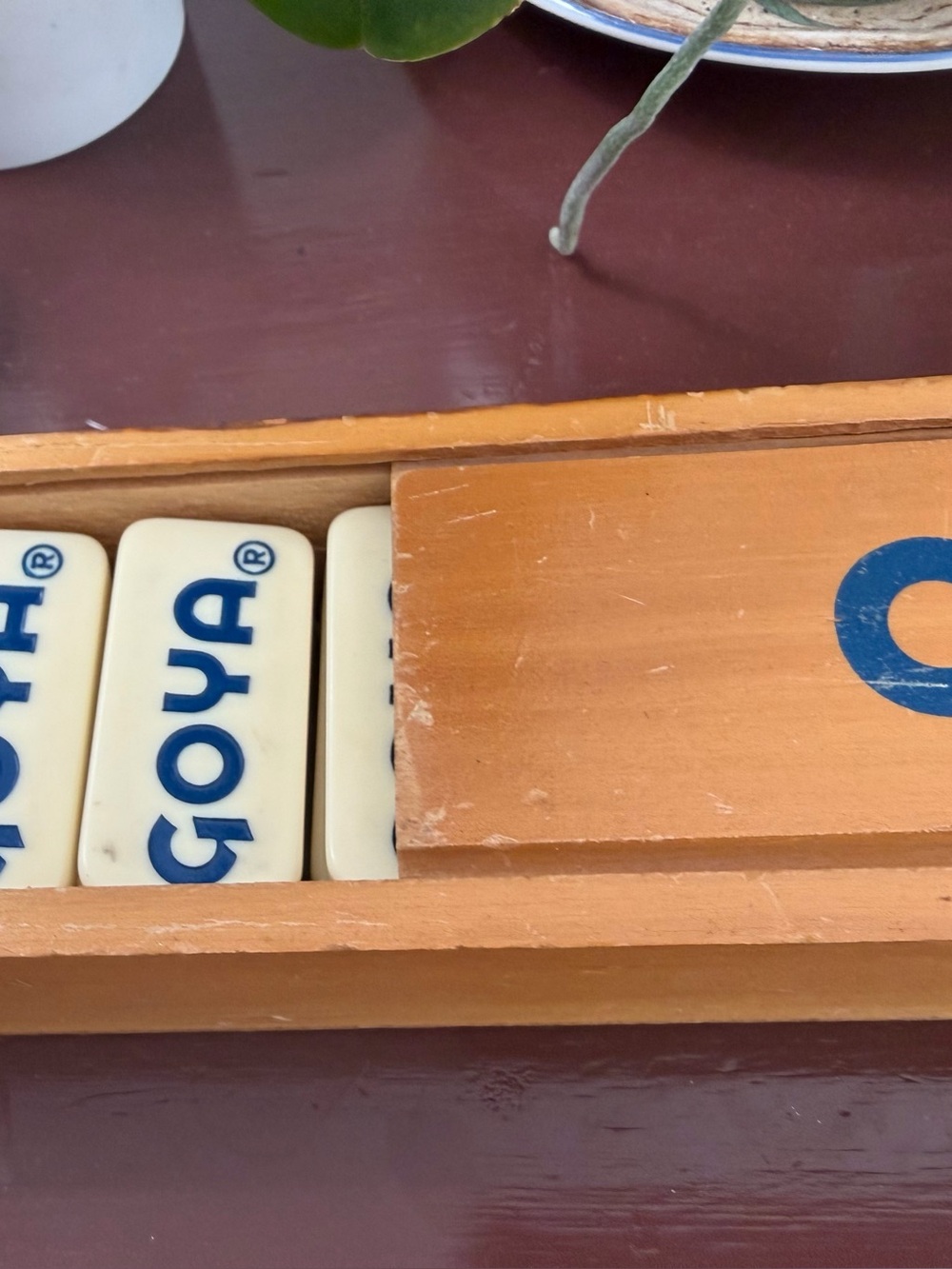 GOYA Domino Set in Ivory with Blue Logo - Wooden Case